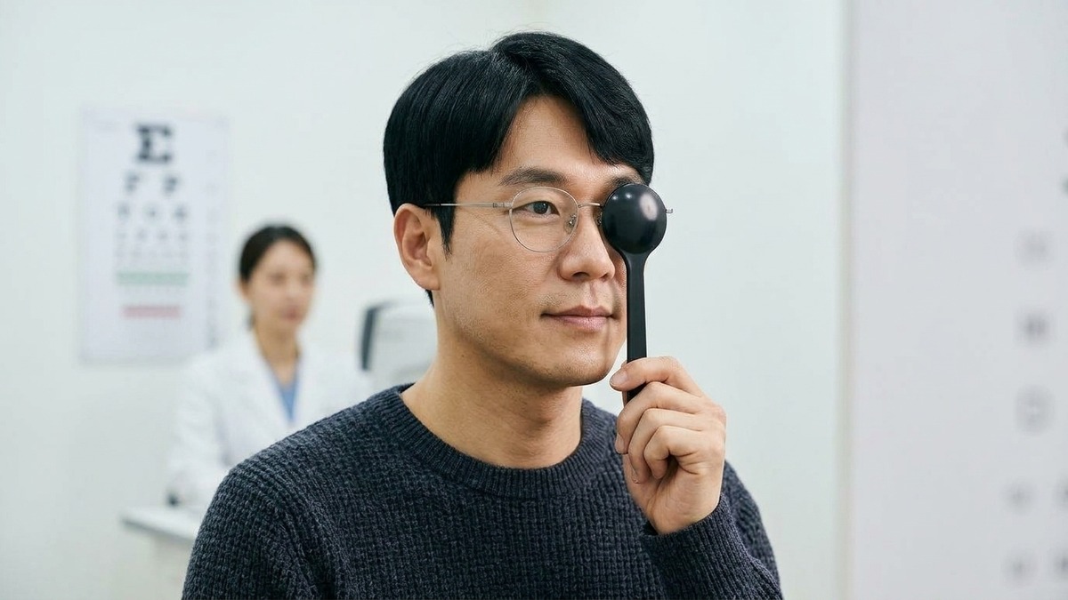 안경을 착용하고 교정시력을 측정하는 모습