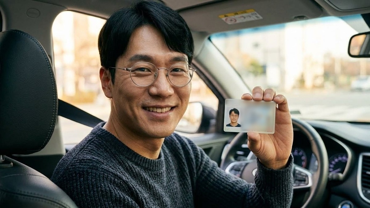 신규 면허증을 확인하며 운전석에서 미소 짓는 운전자
