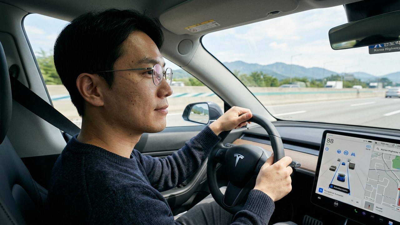 첨단 주행 보조 시스템이 작동 중인 고속도로 드라이빙 장면